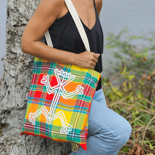 Tote bag MIRELLA madras dessin amérindien thème roche gravé l'homme grenouille