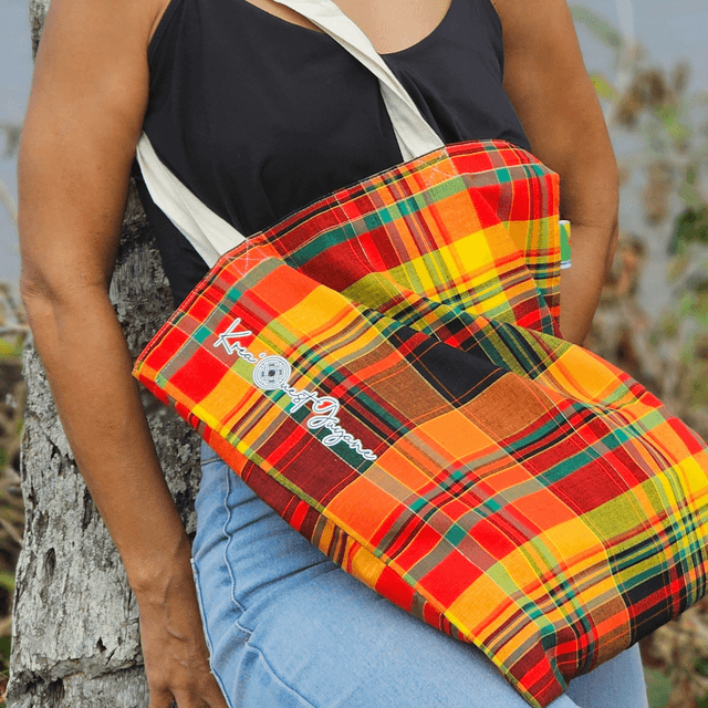 Tote bag MIRELLA madras dessin amérindien thème roche gravé l'homme grenouille