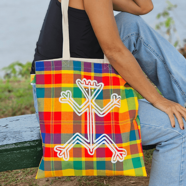 Tote bag MIRELLA madras dessin amérindien thème roche gravé l'homme grenouille