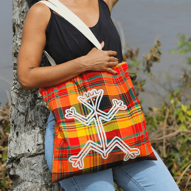 Tote bag MIRELLA madras dessin amérindien thème roche gravé l'homme grenouille