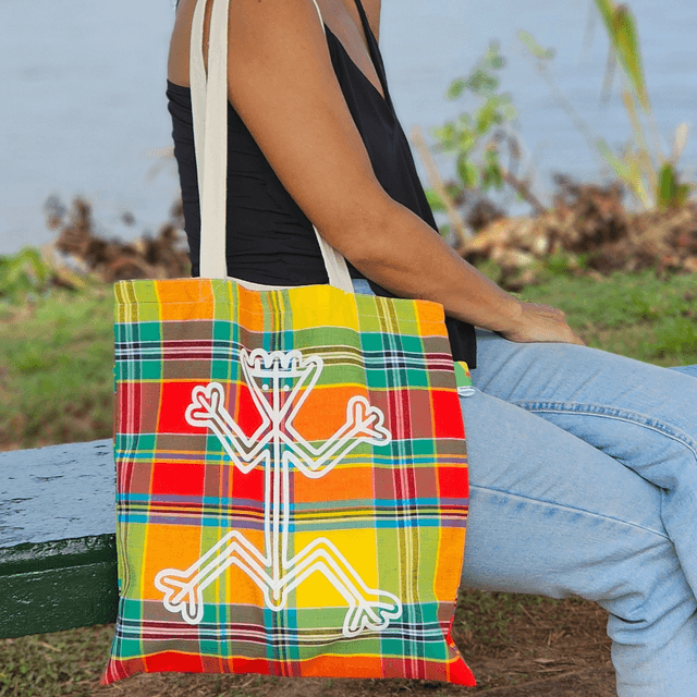 Tote bag MIRELLA madras dessin amérindien thème roche gravé l'homme grenouille